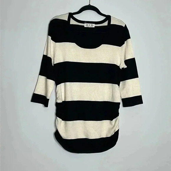 Pink Rose Pull Over Sweater Black & Cream Round Neck Side Elastic Long Sleeve - Picture 1 of 11